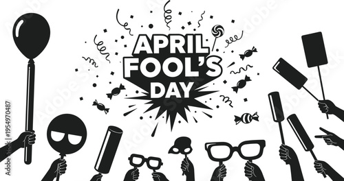 April fools day celebration with hands holding funny props and festive decorations isolated on transparent background