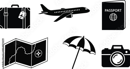Vector art travel icons suitcase plane passport map umbrella camera arranged in two rows for coloring book simple bold outline black white line drawing flat minimalist