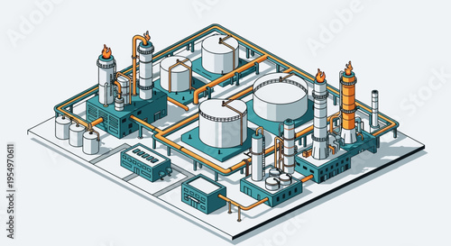 Isometric illustration of a large industrial oil refinery or chemical plant with storage tanks, processing units, and interconnected pipelines on a white background.