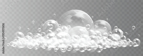 White soapy foam with glossy bubbles on transparent background. Realistic vector illustration