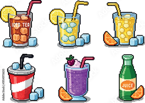 Pixel art collection of refreshing iced beverages and fruity drinks on a white background