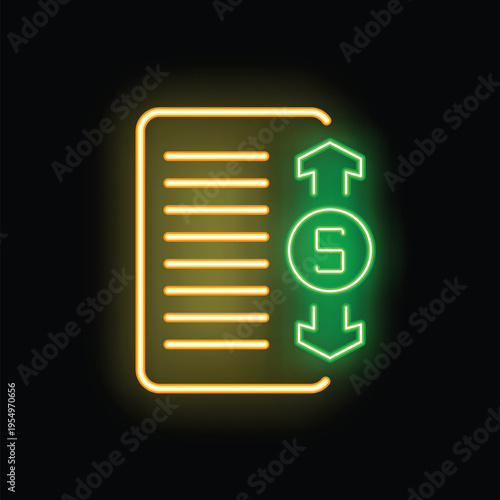 Neon sign illustrating a money transfer with a green dollar coin moving between up and down arrows