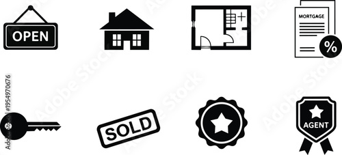 Minimalist vector icon set showing close up real estate symbols in row and house key floor plan mortgage sold badge agent label for coloring book outline