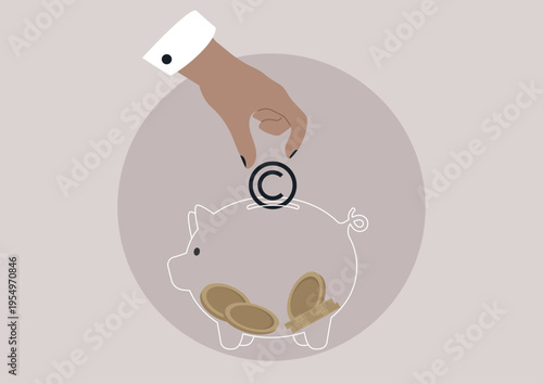 A hand gently drops a copyright symbol into a piggy bank, symbolizing the importance of protecting creative ideas and financial investment in intellectual property for future success.