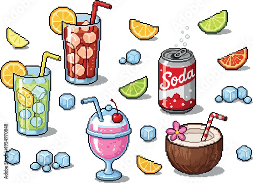 Refreshing cold beverages and tropical delights including soda, cocktails, and coconut drinks adorned with citrus slices and ice cubes