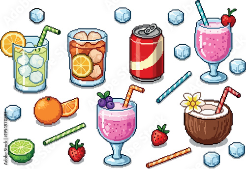 Refreshing beverages and fruits in a vibrant, pixel art style, perfect for digital designs and games