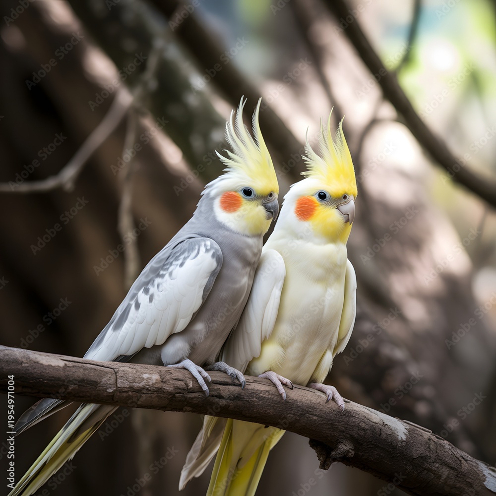 Fototapeta premium Two cockatiels perched on a tree branch