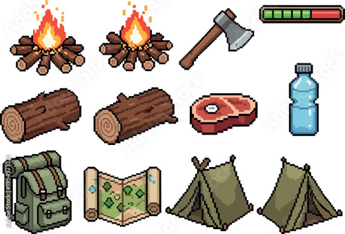 Pixel art icons for camping, survival, and adventure campfire, axe, backpack, tent, map, food, and water
