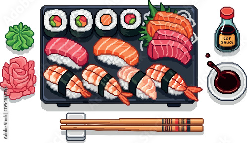 A vibrant pixel art illustration of a sushi platter, complete with salmon, tuna, shrimp sushi, wasabi, ginger, and soy sauce, alongside chopsticks, showcasing a delicious Asian culinary experience