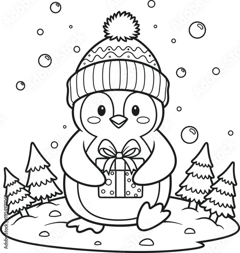 Penguin holding a gift in a winter scene