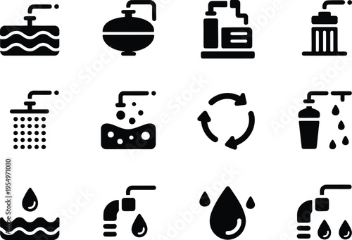 Black icons depicting different stages and elements of water treatment and purification processes
