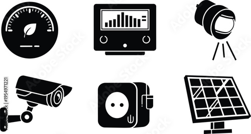 Flat icon set close up energy devices including solar panel power meter surveillance camera plug socket spotlight smart meter for coloring book simple bold line art