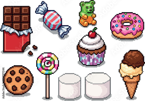 Collection of pixel art sweet treats including chocolate bar, lollipop, gummy bear, cupcake, donut, cookie, marshmallows, and ice cream cone
