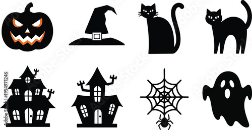 Spooky halloween coloring book vector set with pumpkin witch hat black cat haunted house spider web ghost simple line art for childrens activity cute friendly outlines