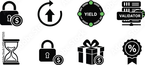 Vector icon set for coloring book page showing crypto finance security lock coin hourglass validator yield gift badge minimal line art art flat design closeup bold outlines