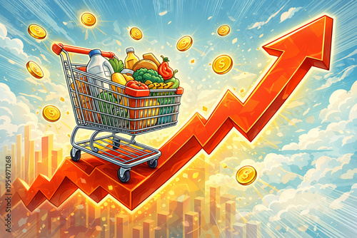 Wide angle shopping cart illustration symbolizing rising product prices
