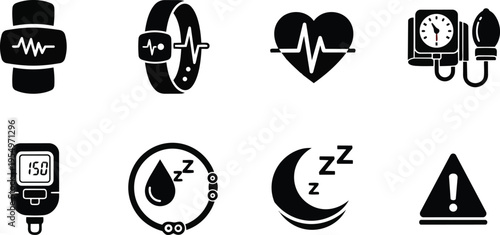 Coloring book vector art close up row of medical health monitoring icons blood glucose heart pulse cuff watch bracelet moon sleep warning symbols simple outline designs