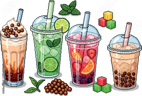 Pixel art beverages A refreshing collection of fruity drinks and bubble tea in vibrant isometric style