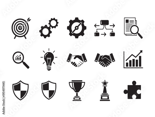 Black and white icons of business and achievement symbols