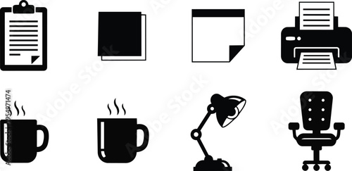 Minimalist black office icon set close up clipboard paper printer coffee mug desk lamp swivel chair simple outlines for coloring book pages printable line art collection