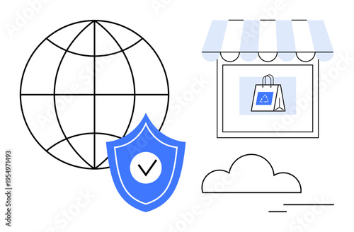 E-commerce, online shopping, data protection, global connectivity, cybersecurity, digital commerce. A globe, shield storefront cloud and shopping bag. E-commerce and online shopping concepts