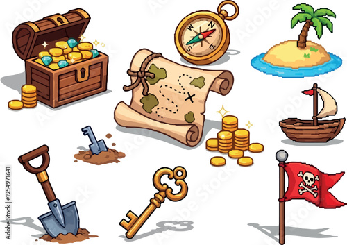 Pirate Treasure Hunt Chest, Map, Island, Ship, Compass, Key, Shovel, and Flag Icons