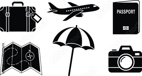 Outline vector beach travel icons for coloring book detailed passport suitcase plane camera umbrella map luggage top view close up line art simple bold strokes contours