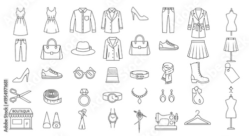 Fashion Apparel Clothing Outfit Garment Line Art Icons Accessories Measuring Tape Vector Set
