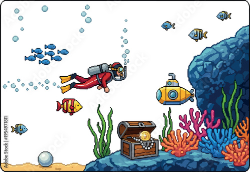 Underwater exploration with a diver and a submarine discovering a treasure chest filled with pearls and coins amidst colorful coral reefs and marine life