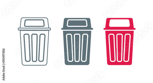 Three trash cans with different colors and styles