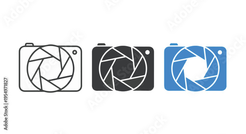 Three different camera icon styles with shutter designs