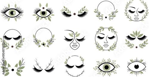 Botanical Eye and Lash Design Set with Feminine Faces, Leaves, and Natural Beauty Elements Illustration
