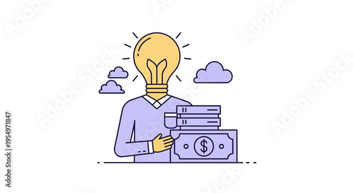 Businessman with lightbulb head holding money.