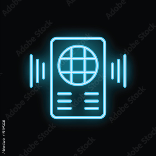 Neon sign representing a passport emitting sound waves, symbolizing an audio guide for tourists exploring new destinations