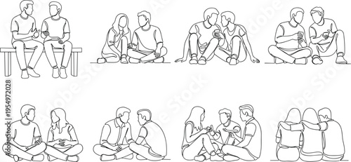 Couples and Friends Line Art Set with Sitting and Talking Sharing Moments Holding Hands and Spending Time Together Illustration