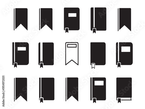 Black and white icons of bookmarks and books