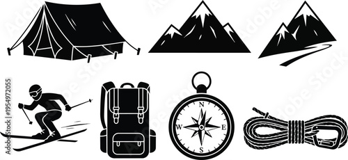 Black and white camping and mountain icons coloring book page close up tent backpack compass rope skier simple line art outline monochrome vector