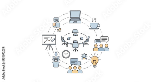 Business icons around a meeting table.