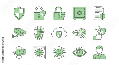 Green cybersecurity icons on white.