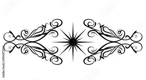 Ornate black vintage scrollwork divider with central starburst design on transparent background