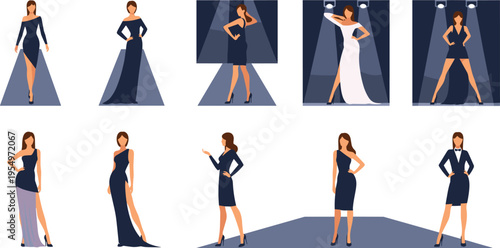 Fashion Show Models in Elegant Evening Dresses Set with Glamorous Poses and Stage Lighting Illustrations