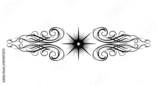 Black ornate decorative flourish ornament with a central starburst on transparent background. 