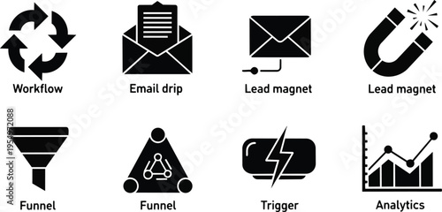 Vector art black icons set for coloring book showing recycling workflow envelope drip lead magnet funnel trigger analytics chart close up flat design simple outline style