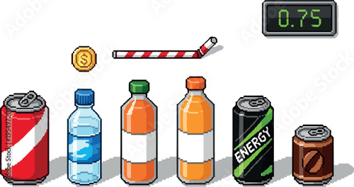 A collection of beverages and related items arranged in a colorful pixel art style