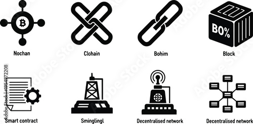 Flat icon set close up blockchain and crypto symbols showing chain links blocks nodes and smart contract icons for coloring book bold line art simple outline