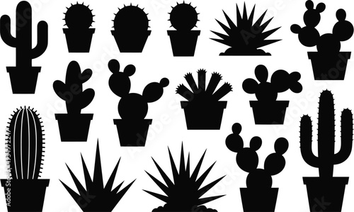 Collection of potted and ground based black silhouette desert plants including diverse cacti and succulents