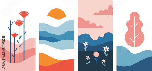 Collection of simple nature inspired scenes with hills plants sun and tranquil skies in soft colors