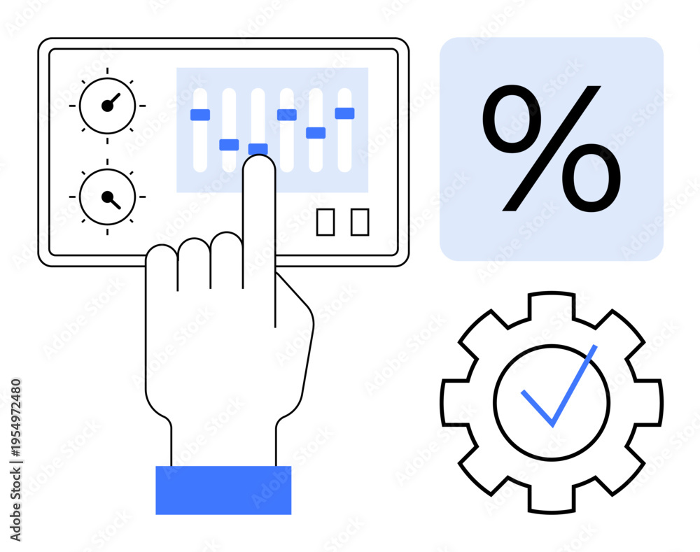 Obraz premium Automation, process control, data analysis, efficiency, system optimization, configurable settings. Hand interacting with control panel, gear with checkmark and percentage sign. Process control