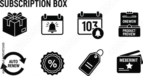Flat design subscription box icons set for coloring book with gift calendar bell tag card auto renew badge percentage label simple bold line art vector printable