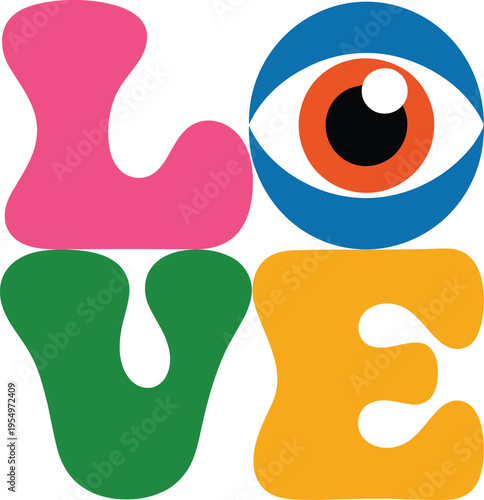 Colorful wavy letters spelling the word LOVE with an eye replacing the letter O on a clean white backdrop